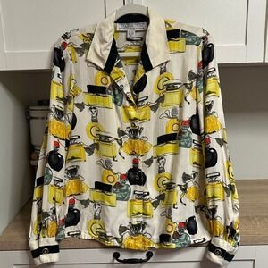 Vintage Starington Ornate Perfume Bottle Print Blouse Womens 16 100% Silk Button